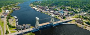 aerial view of the city of Houghton and lift bridge